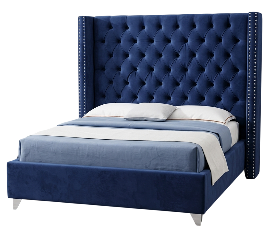 Tufted upholstered bed in navy blue velvet, made by Sofa Square Furniture