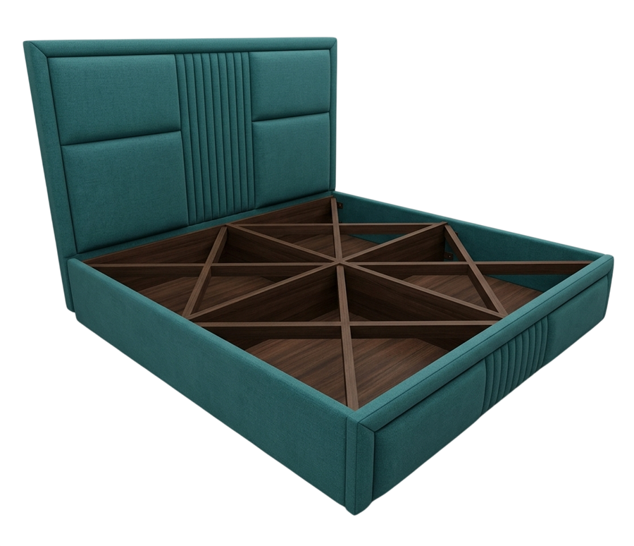 Upholstered bed frame in teal fabric, made by Sofa Square Furniture, Koramangala