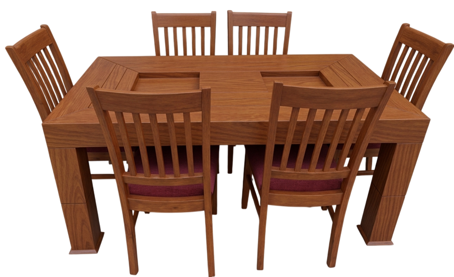 Solid wood dining table with six chairs, made by Sofa Square Furniture
