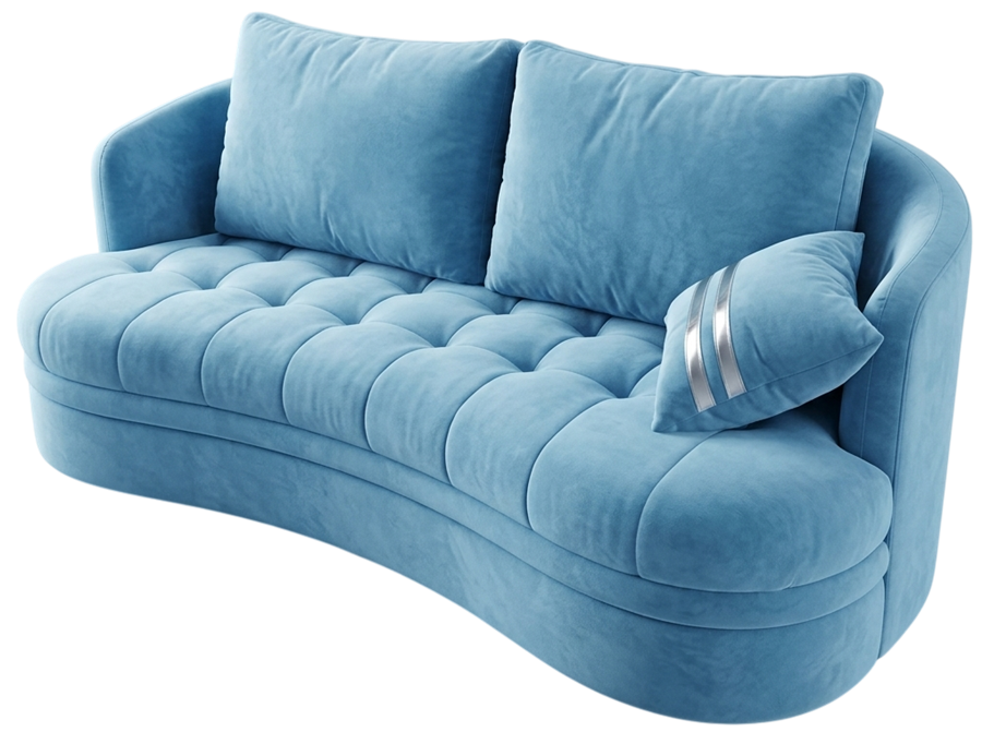 Curved tufted sofa in powder blue velvet, made by Sofa Square Furniture, Koramangala