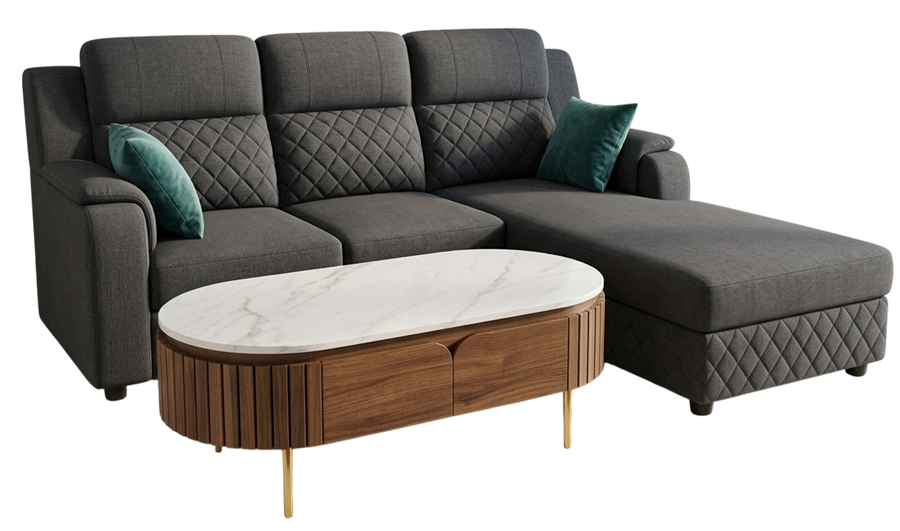 L-shape sofa with chaise in charcoal grey fabric, made by Sofa Square Furniture