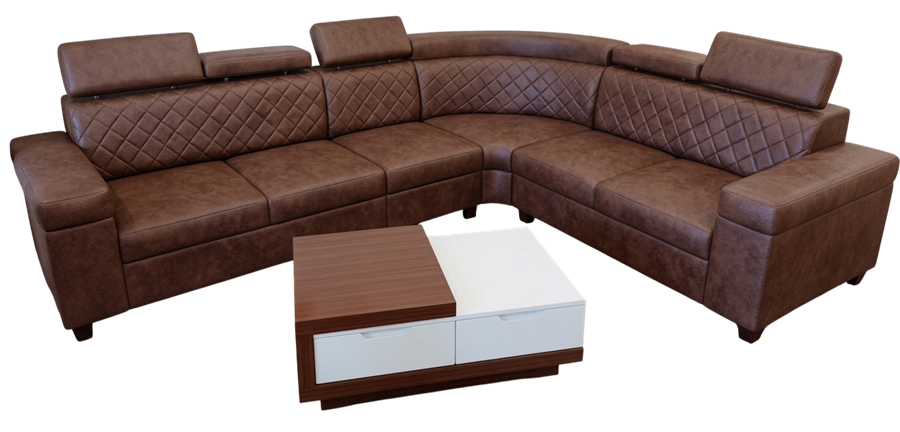 L-shape sectional sofa in tan leather with reclining headrests, made by Sofa Square Furniture, Koramangala